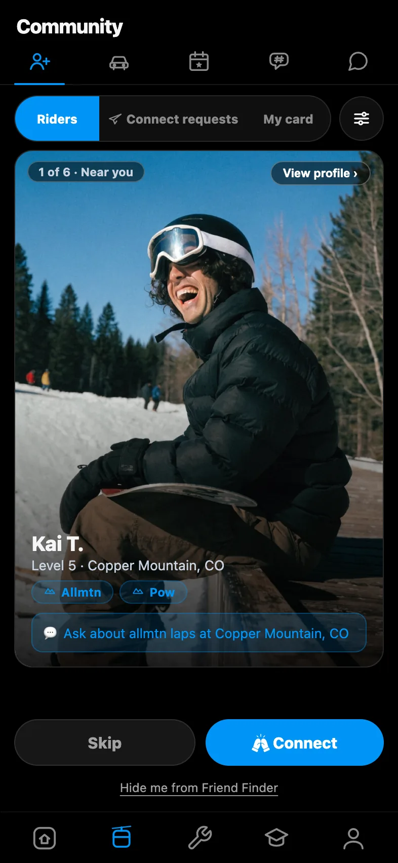 Friend Finder: a rider near you at your level, one tap to connect